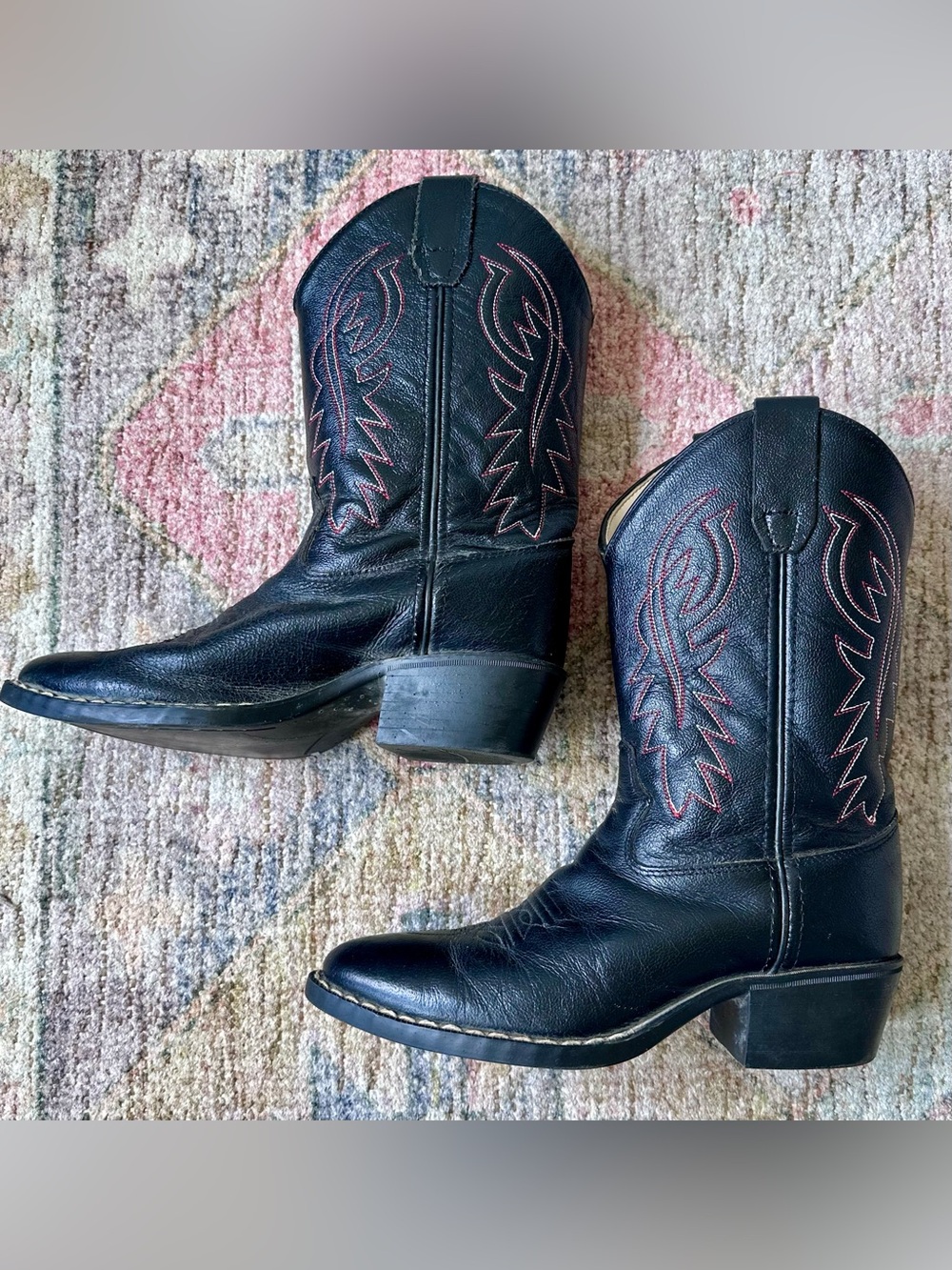 Kid’s Black Leather Cody James Cowboy Boots with Red Stitching - Picture 3 of 7